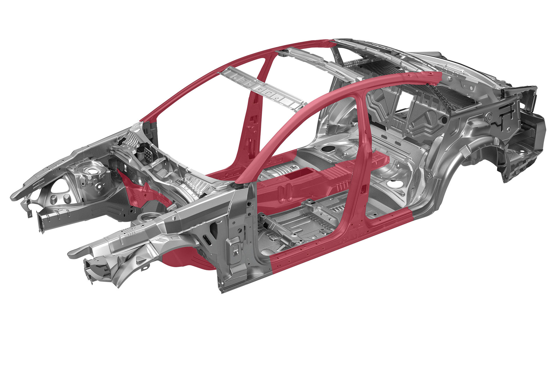 The red colored areas show typical areas of application for high-strength steels and aluminum in body-in-white construction, which are reliably joined using the Ejoweld friction element welding process.