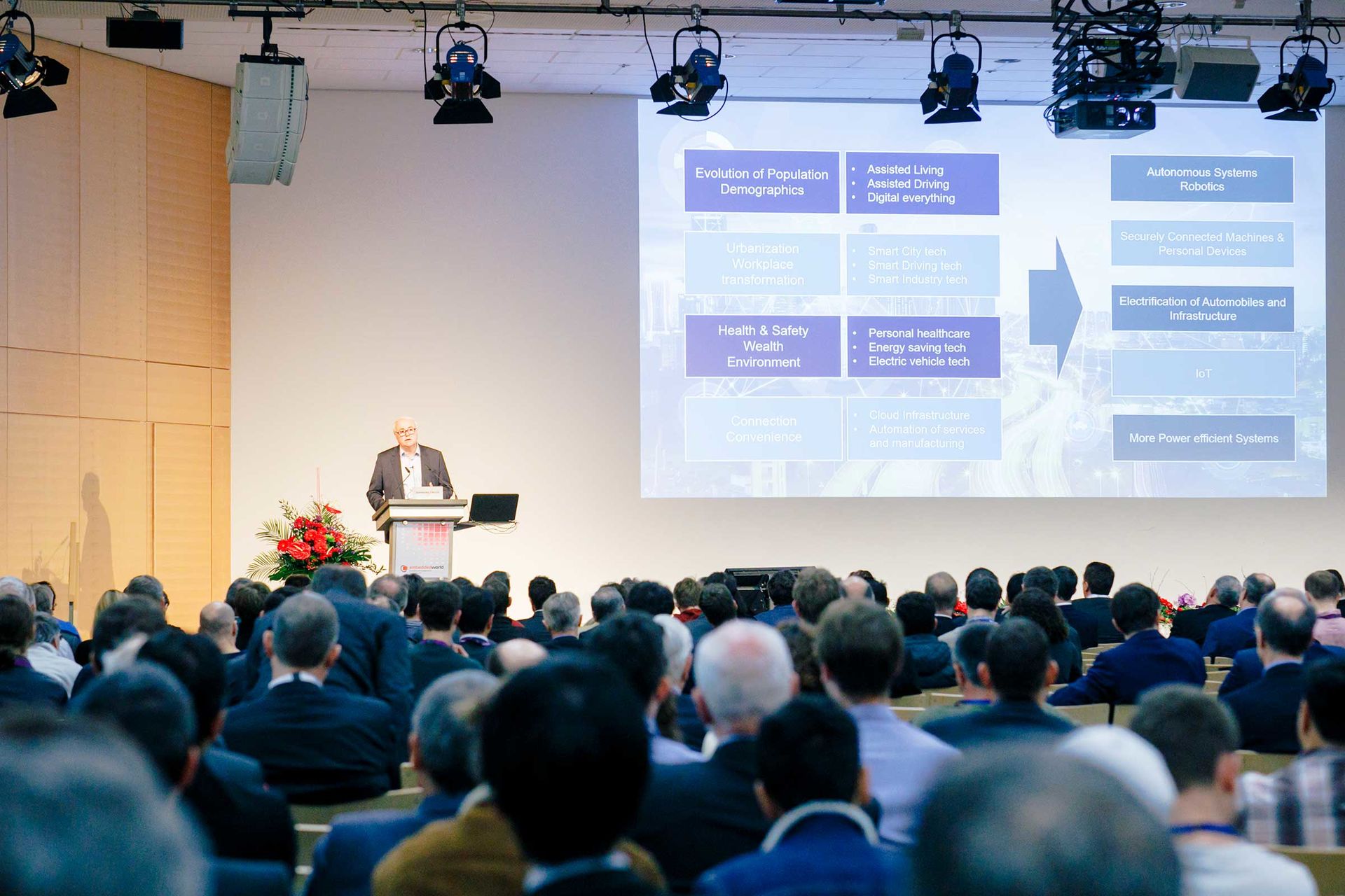Sprecher steht auf Podium der embedded world Exhibition&Conference und spricht zum Publikum