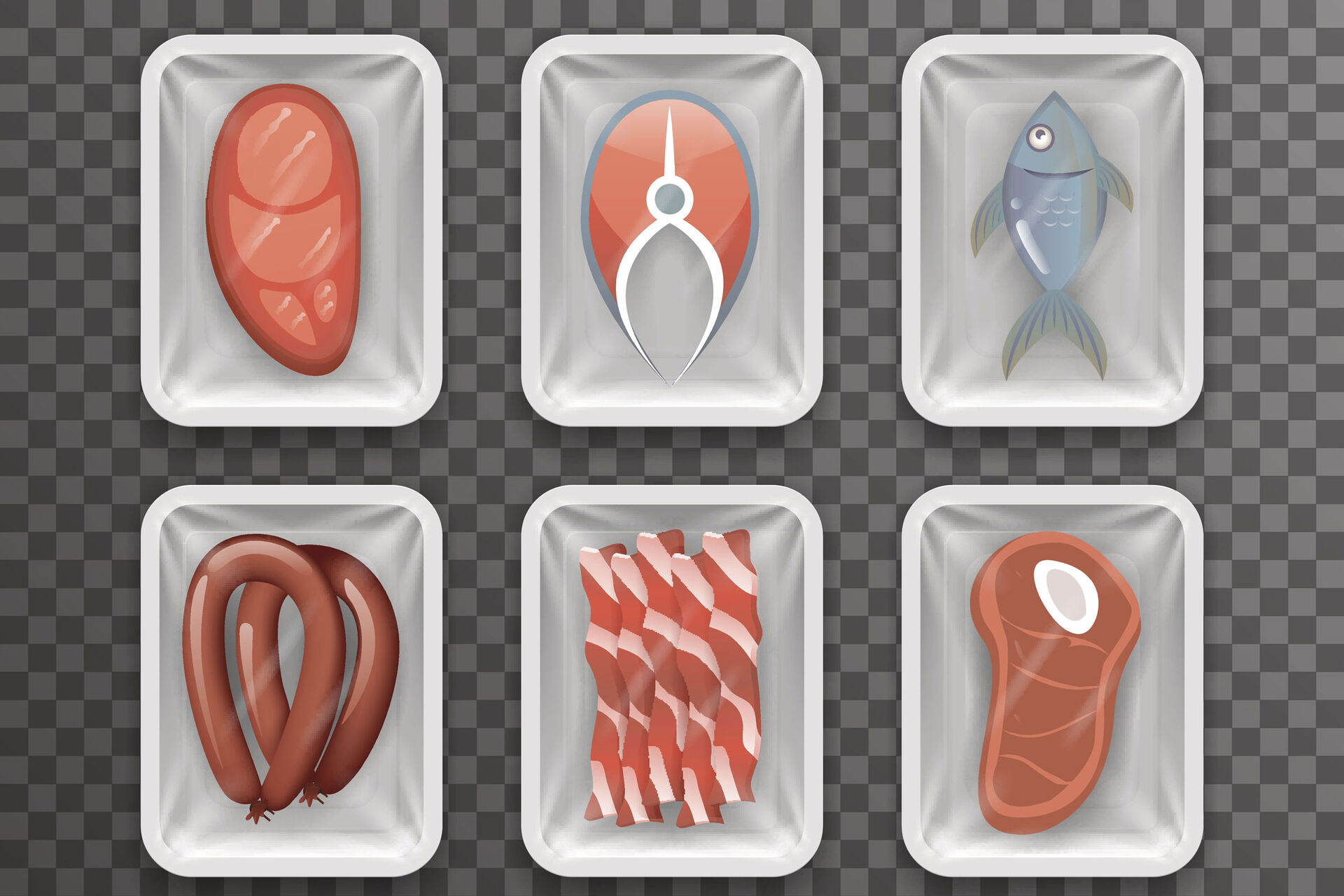 Symbole von Fleisch, Fisch und Wurst in Trays mit transparenter Kunststofffolie versiegelt