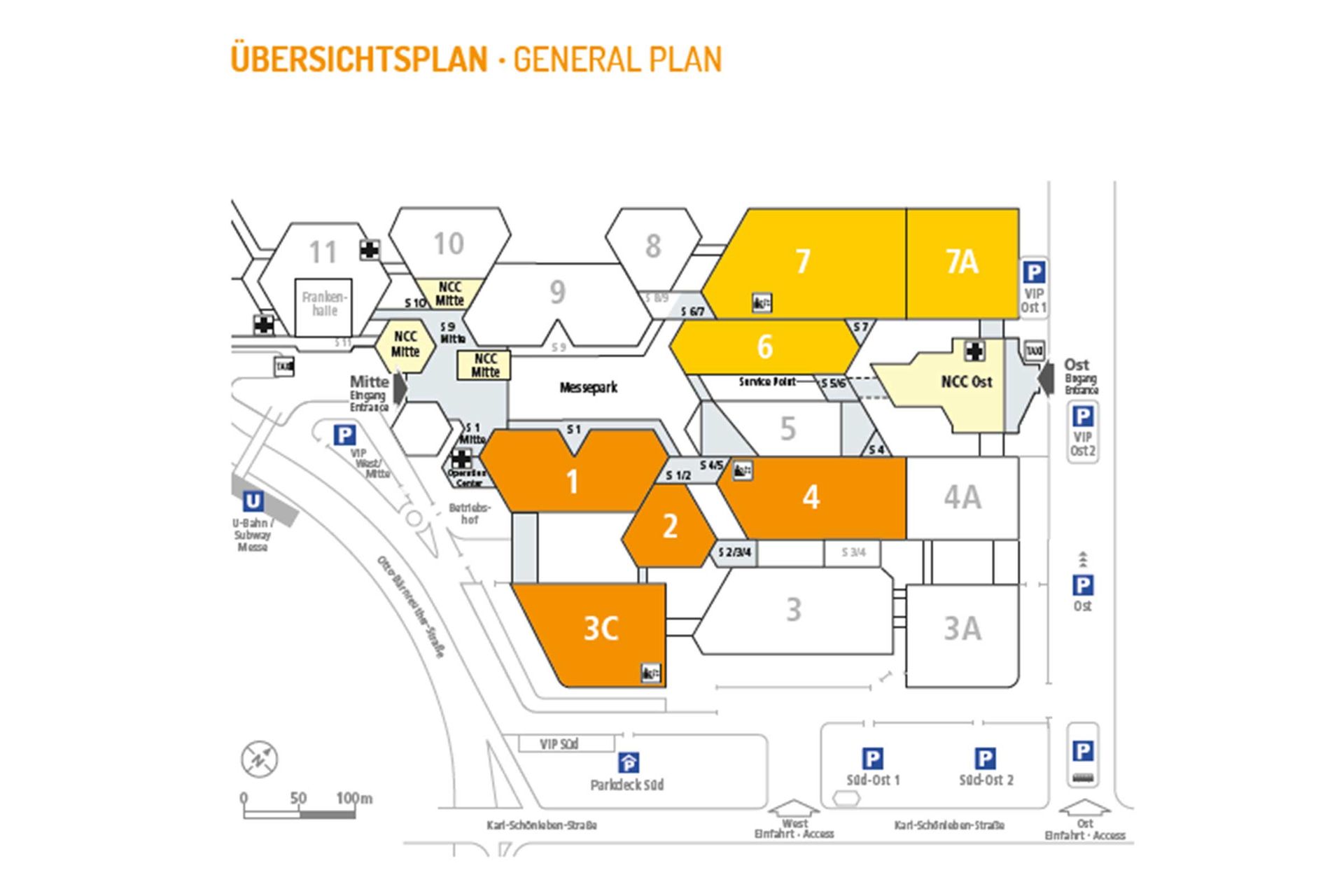 Deutsch Geländeplan zeigt die 7 zur FACHPACK belegten Hallen