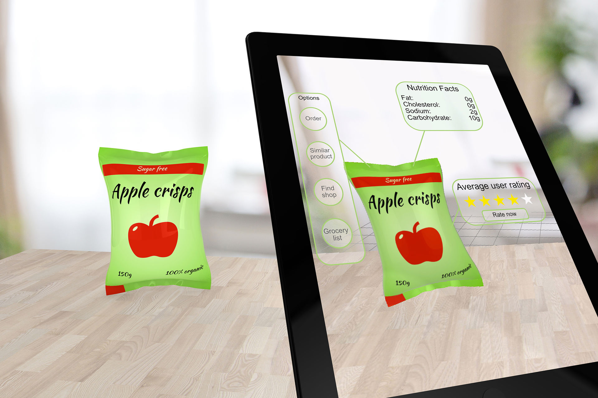 Mit einem Tablet lassen sich auf der Verpackung von Apfelchips durch Augmented Reality zusätzliche Informationen wie der Nährwert ablesen.