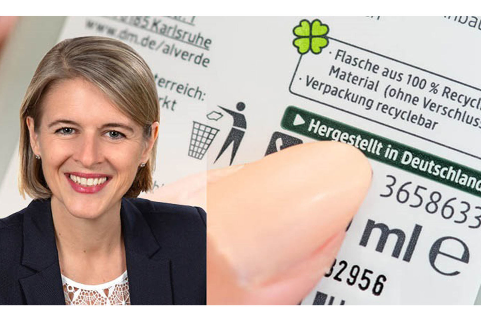 Porträt von Dagmar Glatz, im Hintergrund ein Produktetikett mit Hinweis “Hergestellt in Deutschland”
