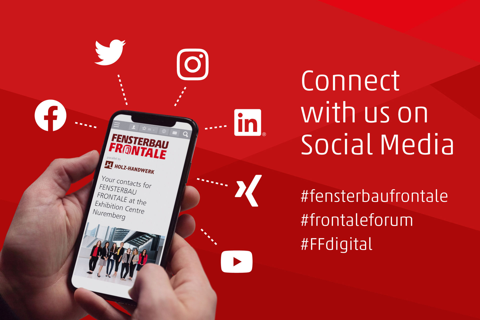 Übersicht über die Social Media Kanäle der FENSTERBAU FRONTALE