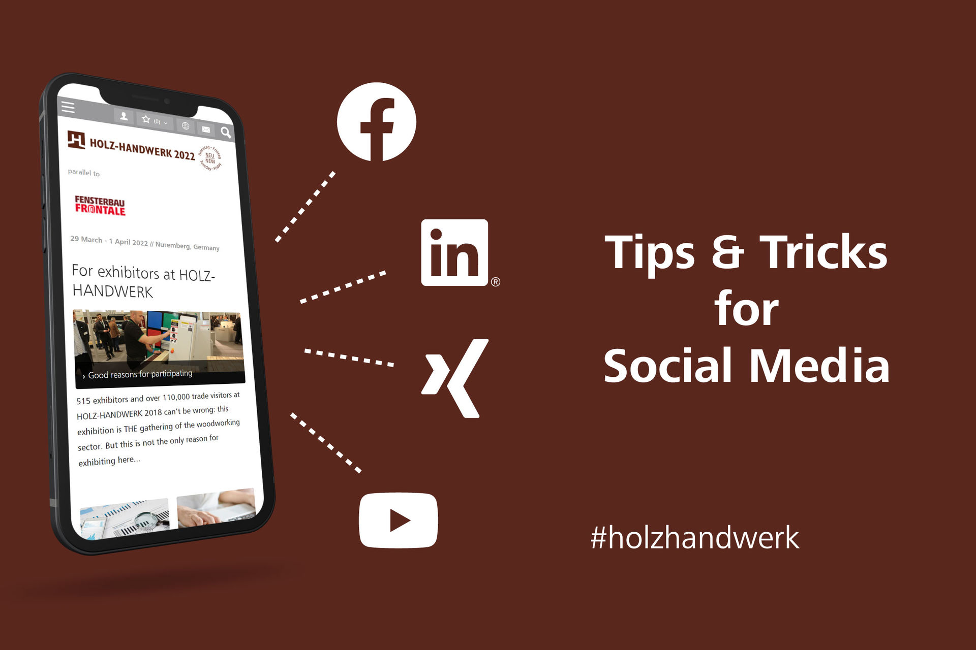 Smartphone mit HOLZ-HANDWERK-Webseite und Social-Media-Icons (Xing, Facebook, LinkedIn, YouTube) und Schriftzug "Tips and tricks for social media" und #holzhandwerk