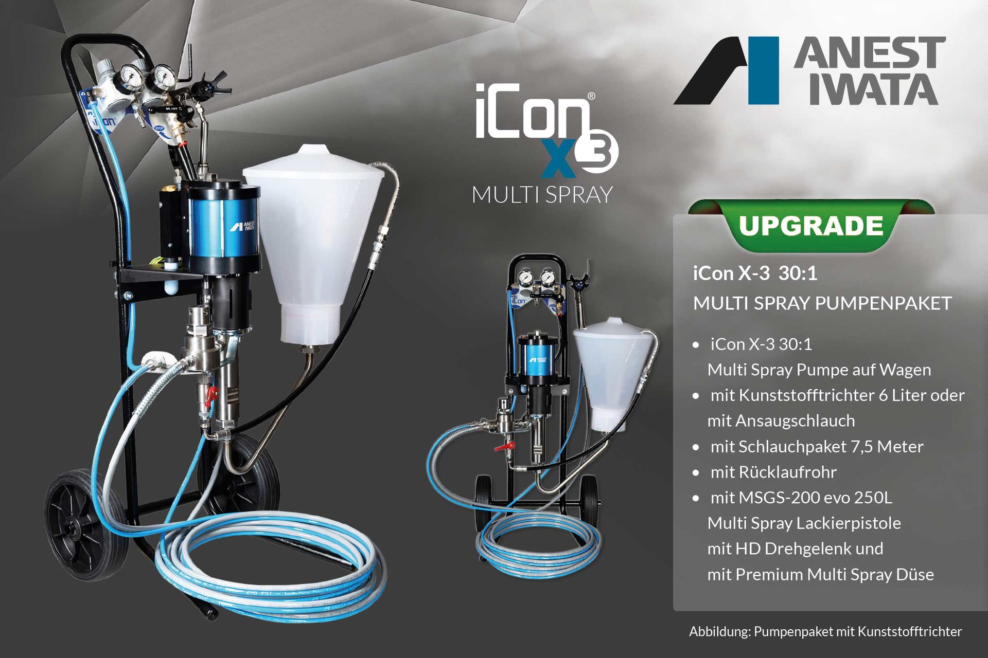 Produktbild mit Textbeschreibung des ANEST IWATA iCon X-3 30:1 Multi Spray Pumpenpaket