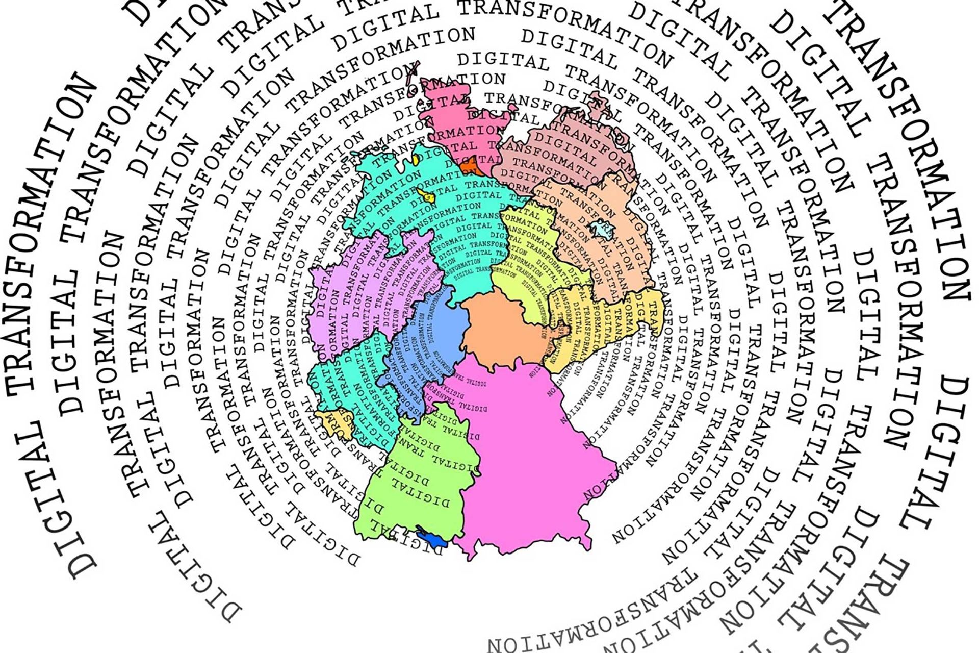 Das Bild zeigt die Deutschlandkarte während Worte wie Digitalisierung und Transformation Kreise um die Karte ziehen.
