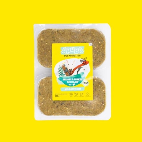 LOGO_Aruba Raw Frozen Food: Organic Salmon & Turkey with quinoa, swiss chard & turmeric. / Complete and balanced raw food for dogs of all ages and sizes