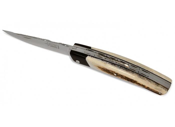 LOGO_Le Thiers ® folding knife False bolster ebony wood, 12 cm deer antlers handle, shiny finish