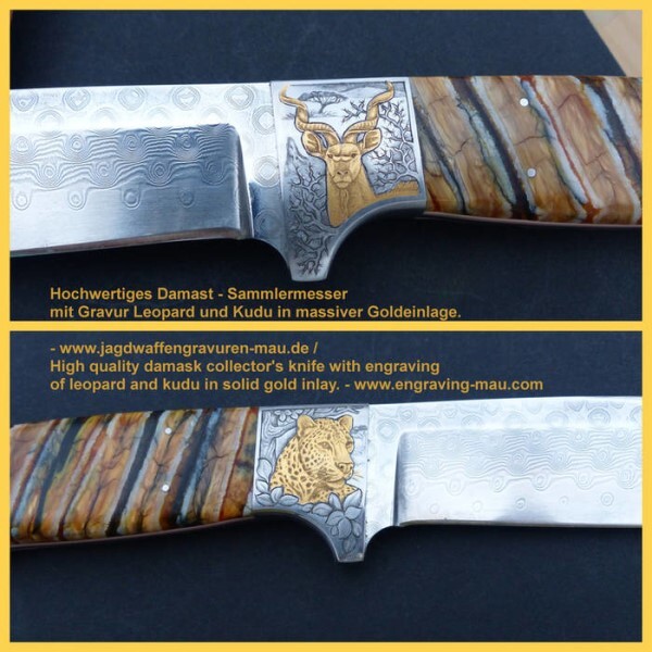 LOGO_High quality damask collector's knife with engraving of leopard and kudu in solid gold inlay.