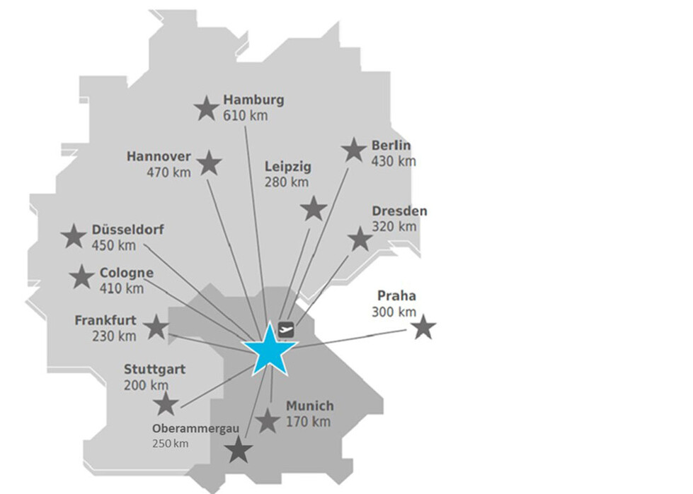 Zentrale Lage von Nürnberg Deutschlandkarte mit Standortmarkierung von Nürnberg und Distanzen zu anderen Städten