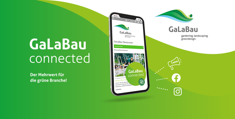 GaLaBau connected GaLaBau connected Grafik mit Handy und Social Media Icons